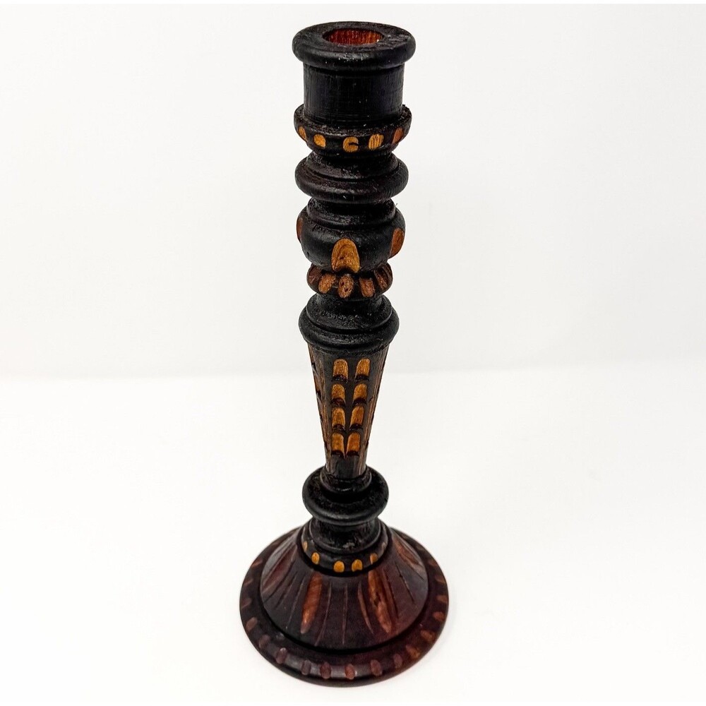 Vintage Hand Carved Wood Candlestick Black Brown Folk Art Boho Candle Holder